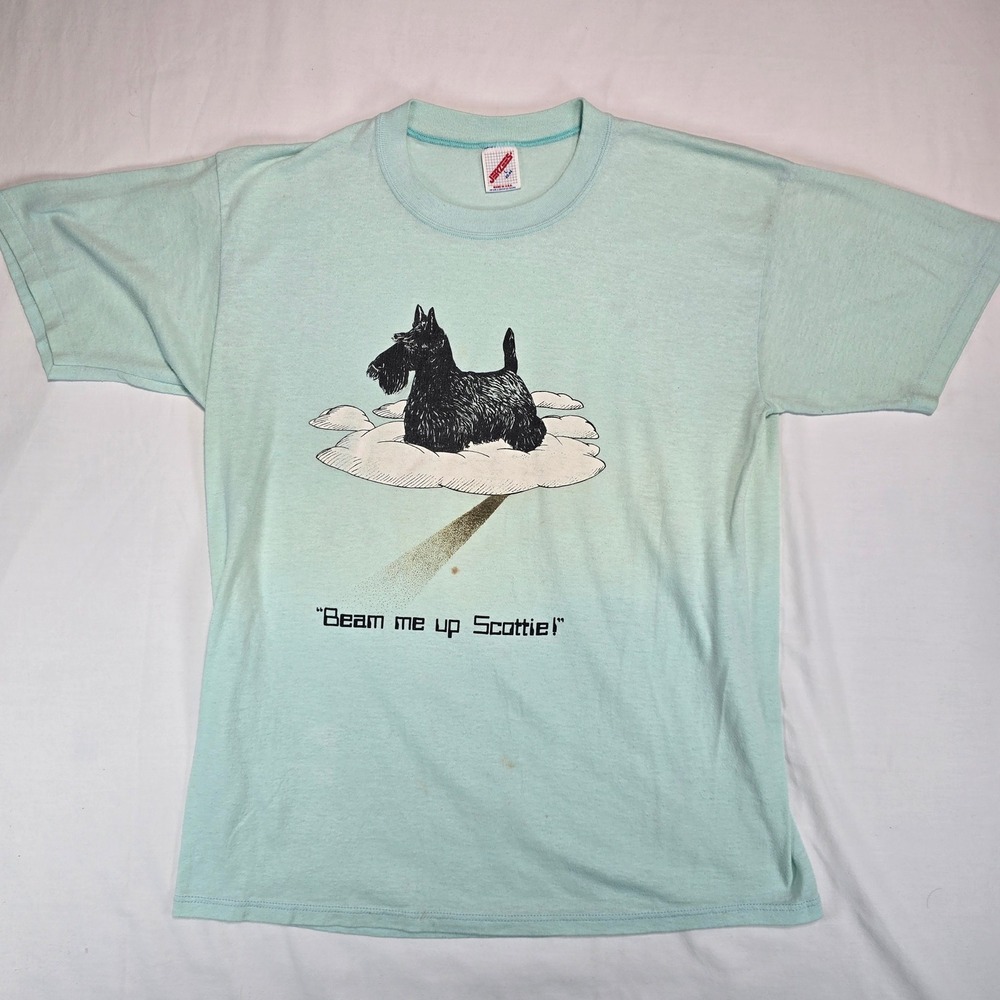 Vintage Jerzees Beam Me Up Scottie T-Shirt Large Mint Green Scottish Terrier USA